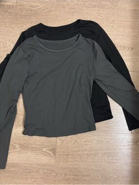 SHEIN Women's Long Sleeve Scoop Neck Tops - Black & Charcoal Gray
